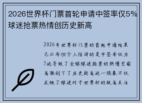 2026世界杯门票首轮申请中签率仅5%球迷抢票热情创历史新高