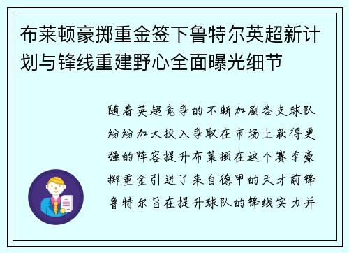 布莱顿豪掷重金签下鲁特尔英超新计划与锋线重建野心全面曝光细节