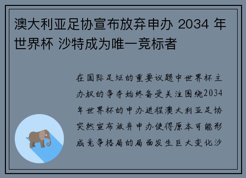 澳大利亚足协宣布放弃申办 2034 年世界杯 沙特成为唯一竞标者