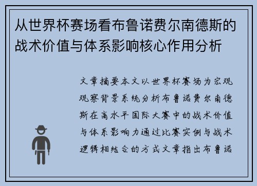从世界杯赛场看布鲁诺费尔南德斯的战术价值与体系影响核心作用分析