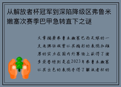 从解放者杯冠军到深陷降级区弗鲁米嫩塞次赛季巴甲急转直下之谜