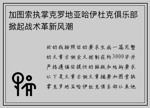 加图索执掌克罗地亚哈伊杜克俱乐部掀起战术革新风潮