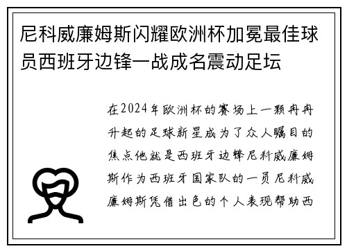 尼科威廉姆斯闪耀欧洲杯加冕最佳球员西班牙边锋一战成名震动足坛